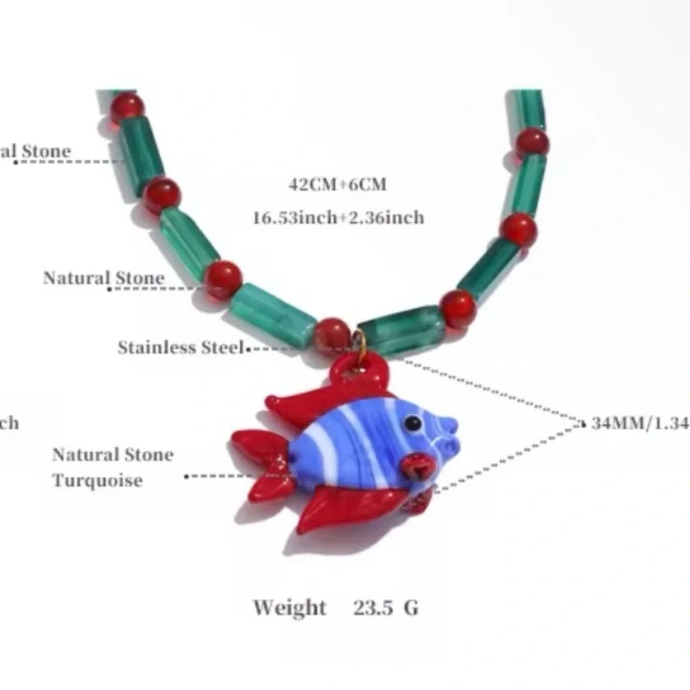 Handmade Red & Blue Glass Fish Pendant Necklace With Natural Stones